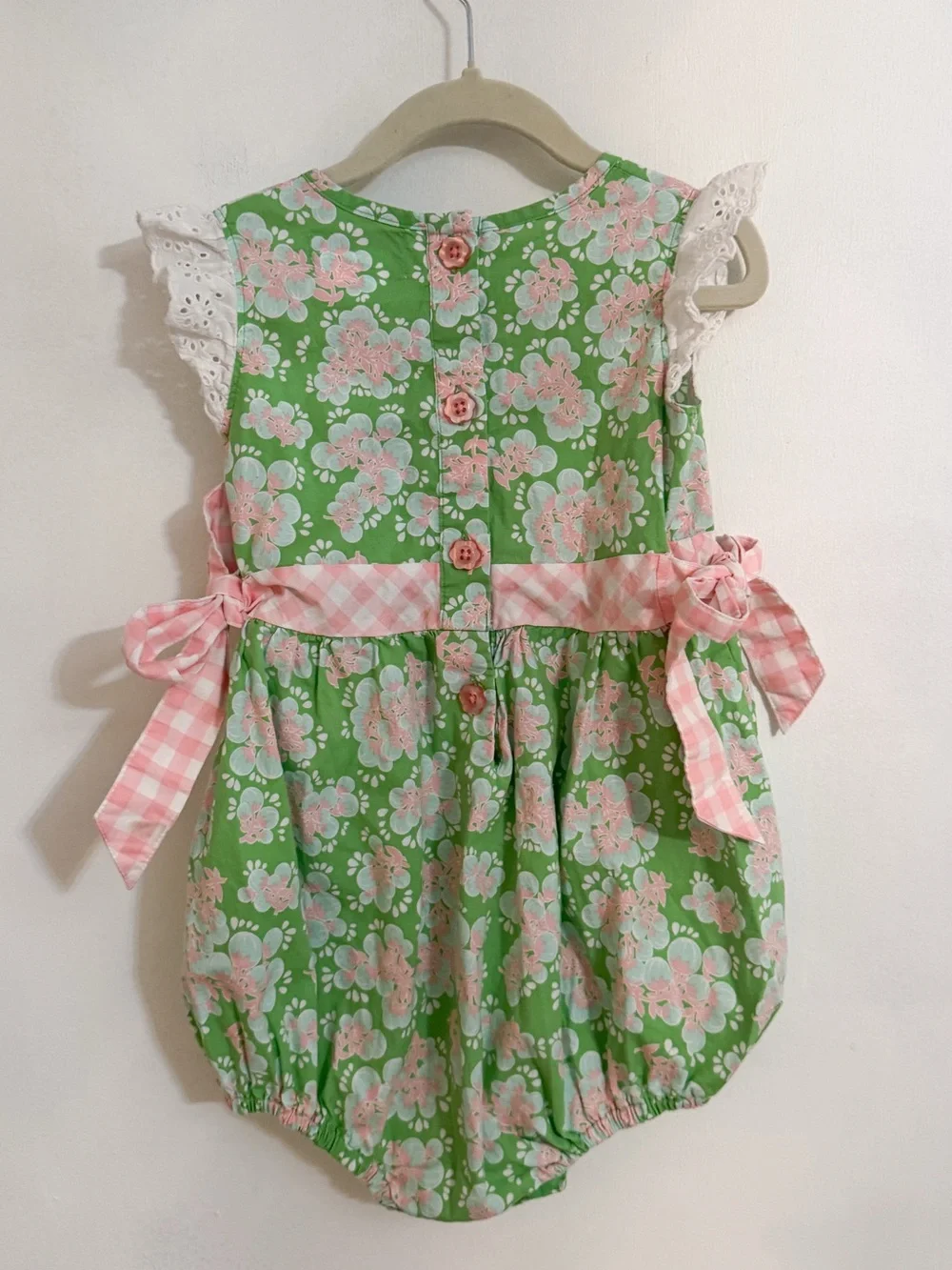 Serendipity Green Floral Baby Bubble Onesie with Pink Gingham Bows 2T-3T